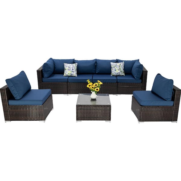 Unbranded 7-Piece Brown Wicker Outdoor Sectional Set, Patio Rattan Sofa Set with Peacock Blue Cushions, Pillows and Coffee Table
