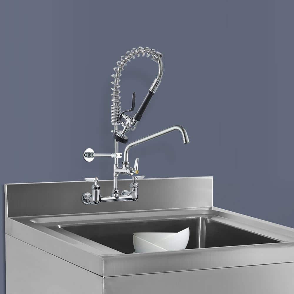 Commercial Triple Handle Wall Mount Stainless Steel Kitchen Faucet in Polished Chrome
