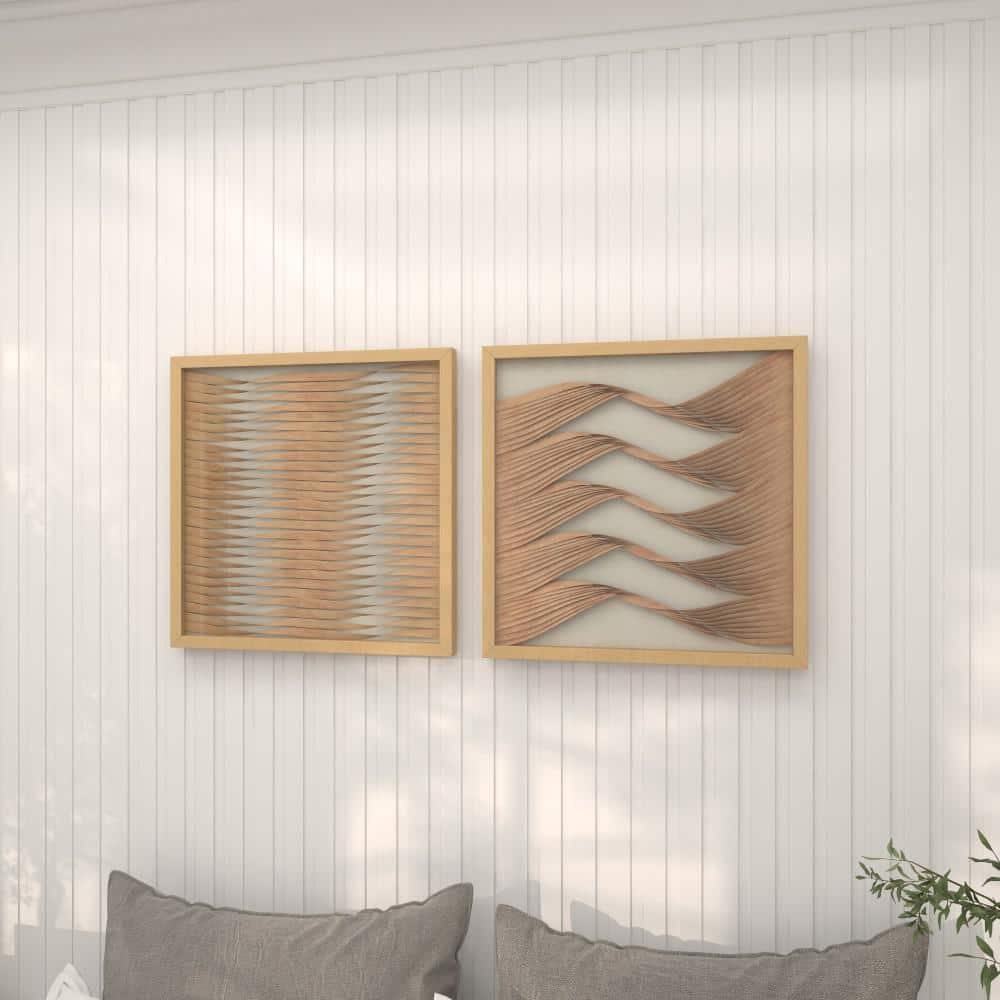 Large Brown Wood and Rattan Shadow Box Wall Art Set