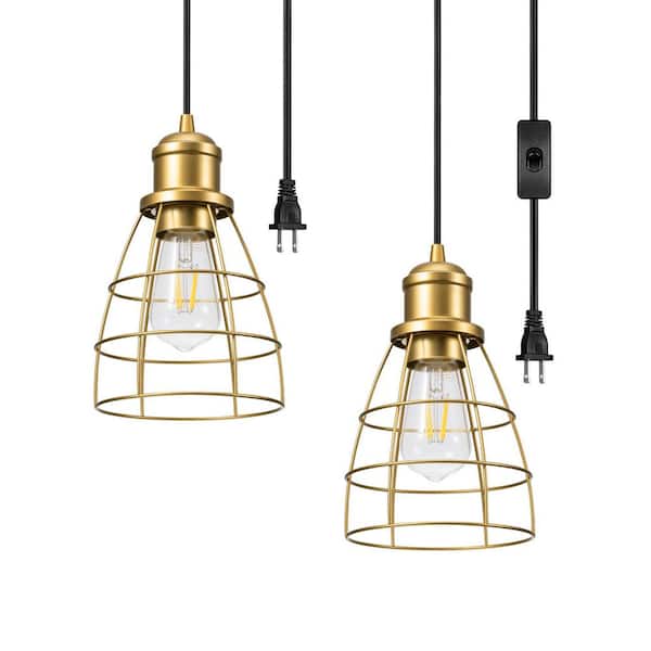 60-Watt 1-Light Farmhouse Shaded Pendant Light with Gold Cage Shade, No Bulbs Included (2-Pack)