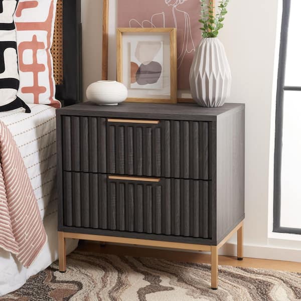 Lylia Distressed Black/Gold 2 Drawer Nightstand