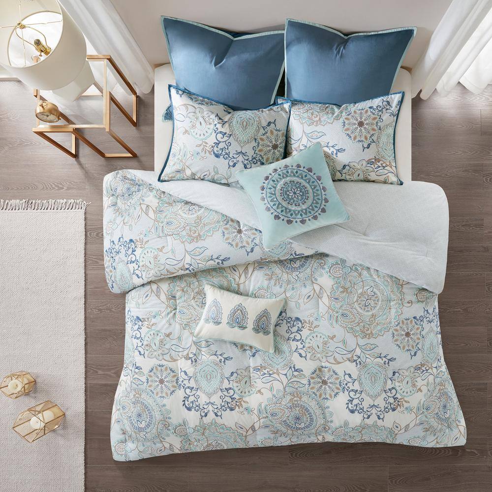 California King Blue Cotton Reversible Comforter Set