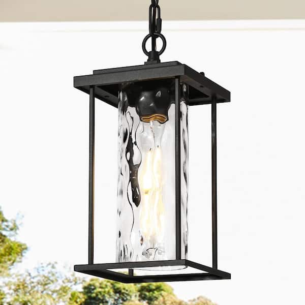 LNC 14.2 in. Modern Black 1-Light Outdoor Pendant Light with Wavy Glass Shade Porch Ceiling Light Transitional Shaded Light