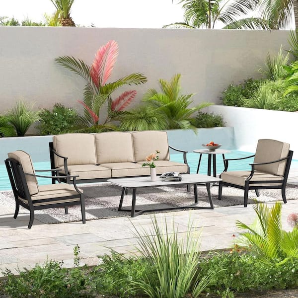 Tamarin 5-Piece Aluminum Outdoor Conversation Set with Sunbrella Cushions, Tables with Sintered Stone Top