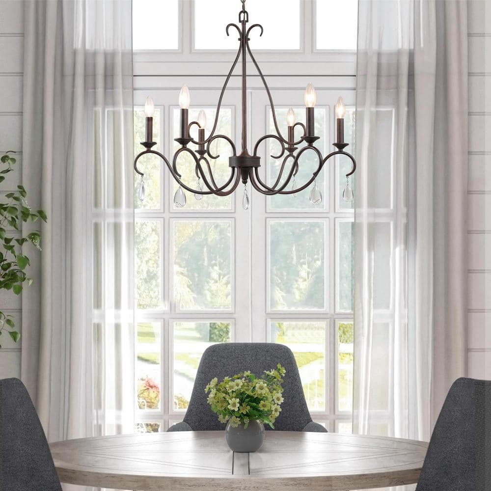 Rustic Bronze 6-Light Candle Chandelier with Crystal Drops
