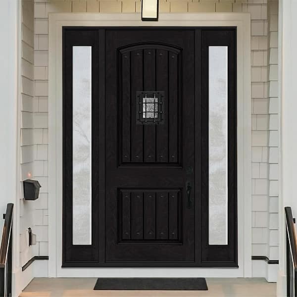 Regency 64 in. x 96 in. 2P Plank Cavalier Speakeasy LHIS Onyx Stain Fiberglass Prehung Front Door w/Dbl 12in. Rain SL