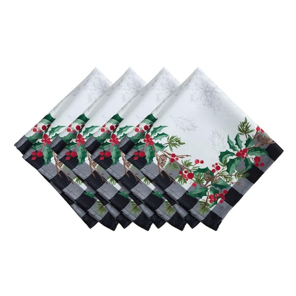 Threadmade Home Holly Farmhouse Charm Holiday Fabric Napkins, Set of 4, Multicolor - 17"W x 17"L