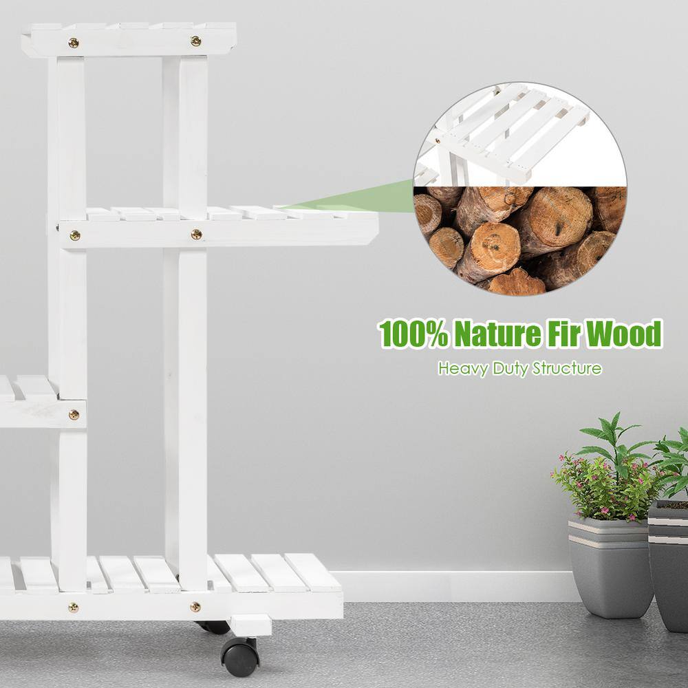 White 4-Tier Rolling Wood Plant Stand with Casters