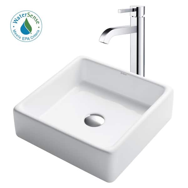 KRAUS White Porcelain Ceramic Square Bathroom Vessel Sink