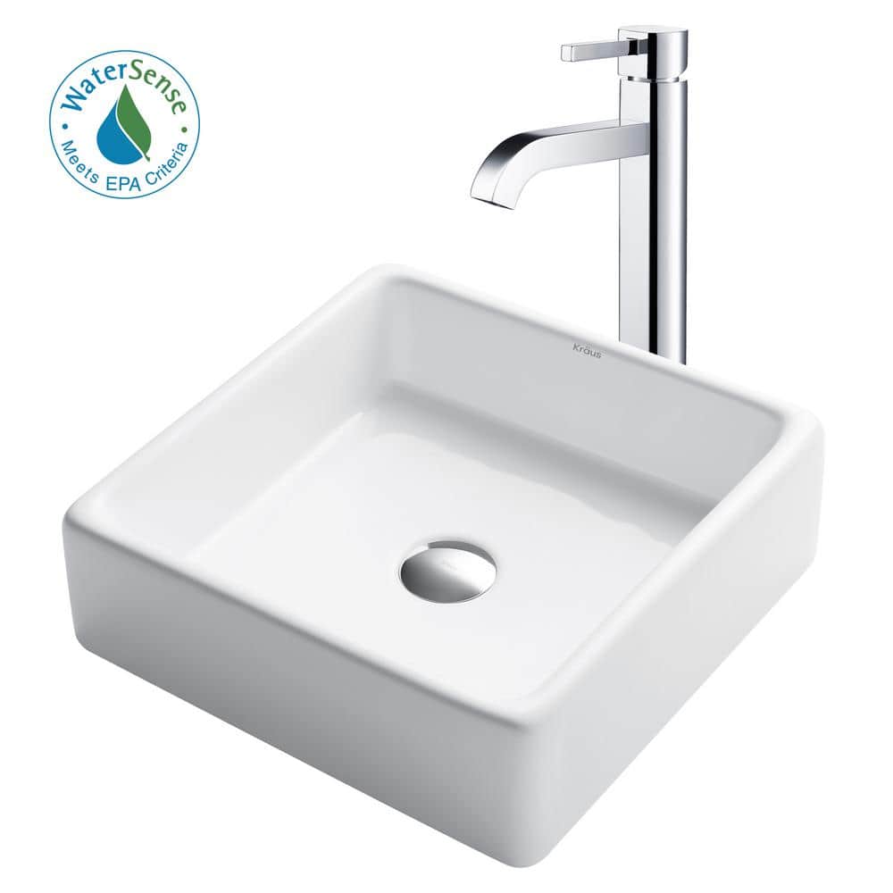 White Ceramic Square Vessel Sink with Chrome Faucet