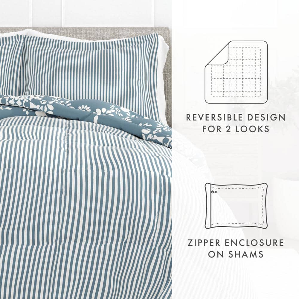 Light Blue Striped Microfiber Twin Reversible Duvet Set