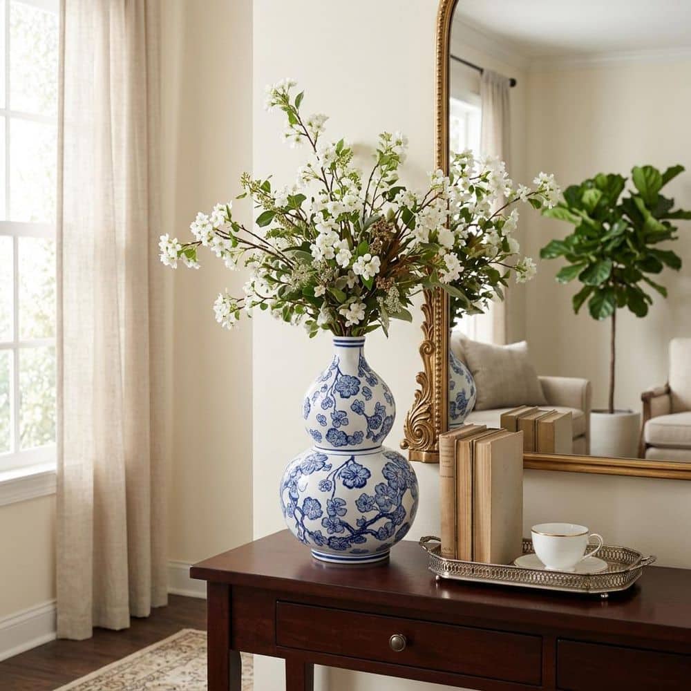 13.75 in. Blue Ceramic Cherry Blossom Chinoiserie Geometric Gourd Vase