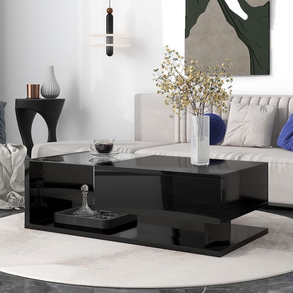 Polibi 39.30 in. Black Rectangle Particle Board Top Coffee Table with Tempered Glass