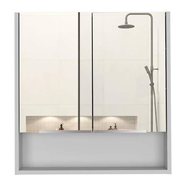 Unbranded 23.6 in. W x 24.6 in. H White Rectangular Wood Recessed or Surface Mount Medicine Cabinet with Mirror