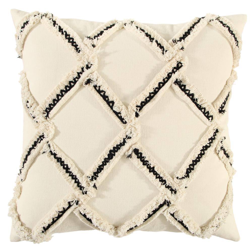 Ivory/Black Geometric Eyelash Fringe and Embroidered Accents Cotton Poly Fi