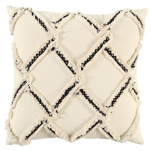 Ivory/Black Geometric Eyelash Fringe and Embroidered Accents Cotton Poly Filled 18 in. x 18 in. Decorative Throw Pillow