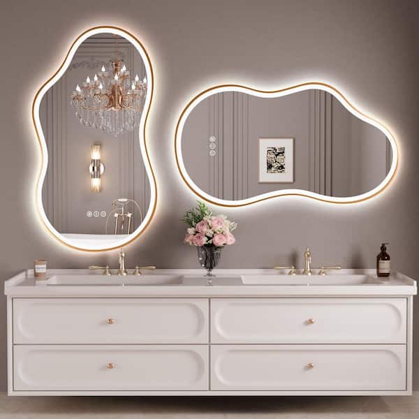 26 in. W x 46 in. H Irregular Gold Framed Anti-Fog 3-Colors Dimmable LED Light Wall Bathroom Vanity Mirror with Memory
