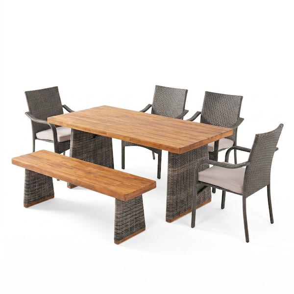 Kirk 6-Piece Solid Wood and Wicker Stackable Patio Outdoor Dining Set with Grey Cushions and Bench, Teak Finish + Grey