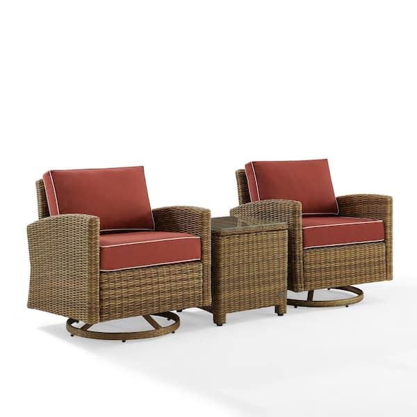 Bradenton Weathered Brown 3-Piece Wicker Patio Conversation Set with Sangria Cushions
