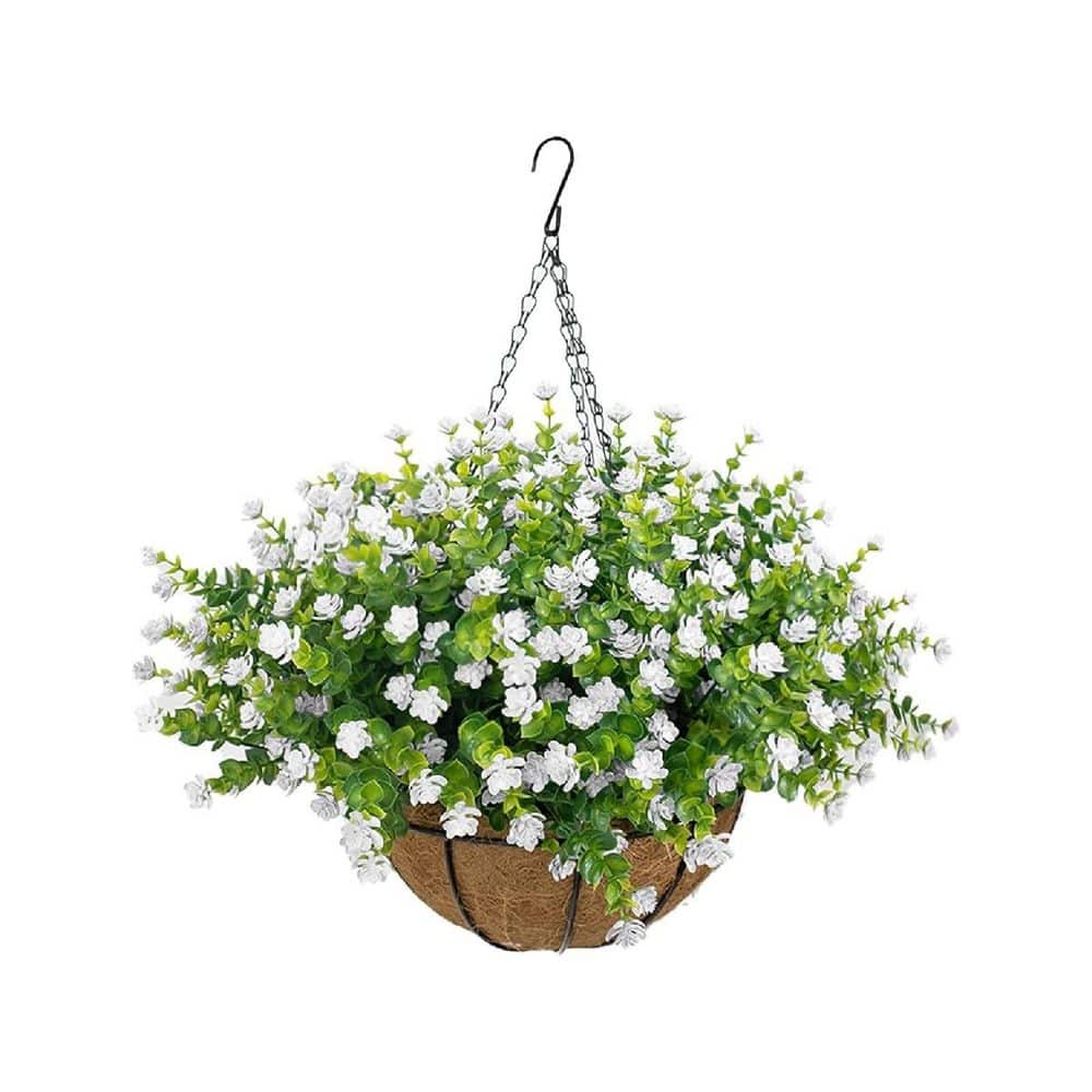 20 in. H White Artificial Plant Hanging Basket, 16 Fake Flowers