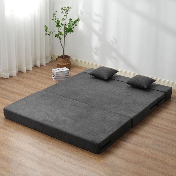 Queen Folding Sofa Bed, Dark Grey, 3-in-1 Convertible Couch, 2-Pillows, 25D Memory Foam, Futon for Living Room, Bedroom