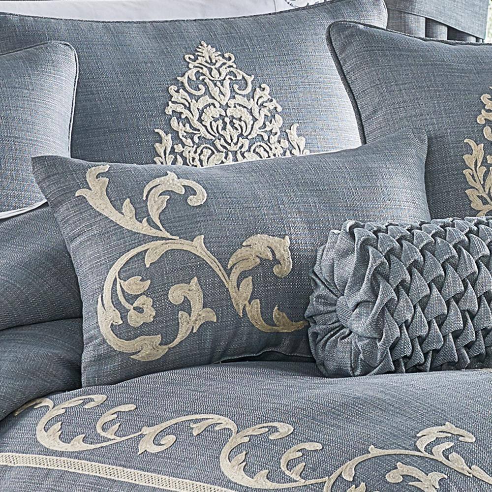 Blue and Ivory Embroidered Rectangular Throw Pillow