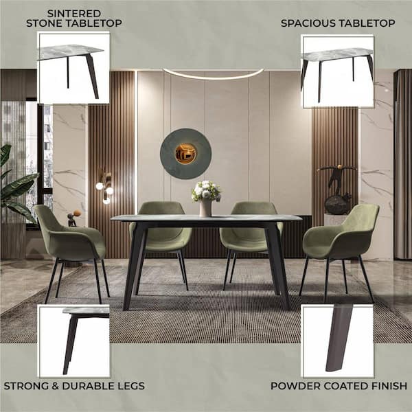 Leisuremod Krevor Series Modern Light Grey Stone Rectangular Tabletop 62 in. in 4-Legs Black Steel Dining Table Seats 6