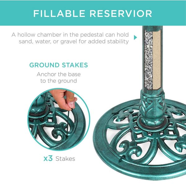 28 in. Resin Pedestal Bird Bath with Fleur-De-Lis Accents for Outdoor Garden Decoration, Green