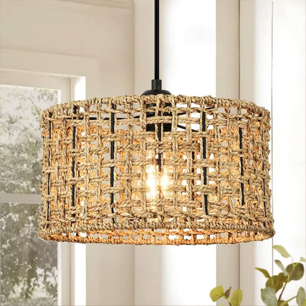 Jasslynn 60 Watt 1 Light Matte Black Modern Pendant Light with Drum Rattan Shade for Kitchen Bedroom, No Bulbs Included