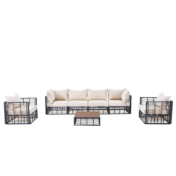 7-Piece All-Weather Use Gray Metal Outdoor Sectional Set with Thick Cushions and Coffee Table