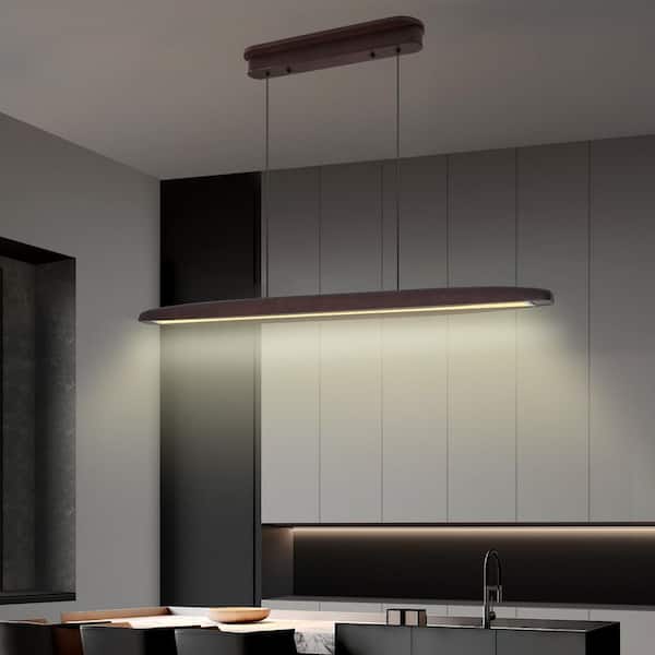 39 in. 1-Light Walnut Wooden LED Chandelier Pendant Light with Remote Control, Adjustable Hanging Light