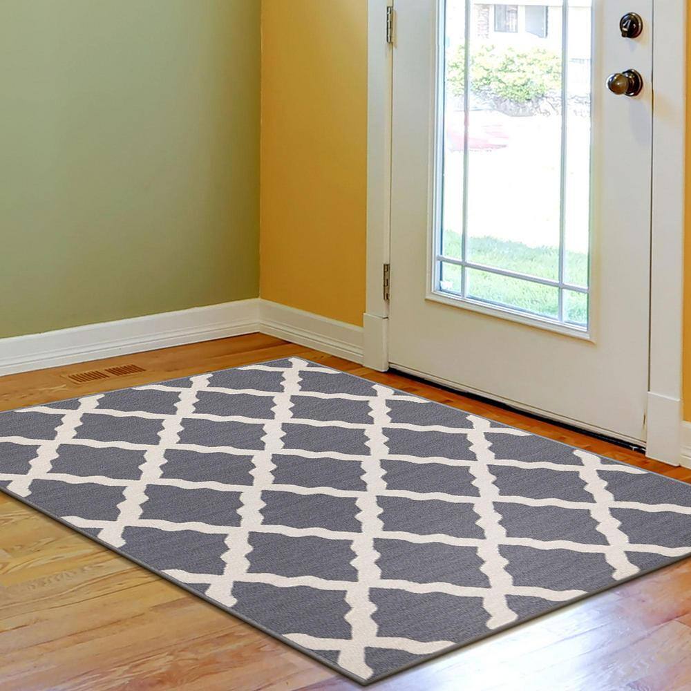 Gray and White Washable Non-Slip Trellis Area Rug