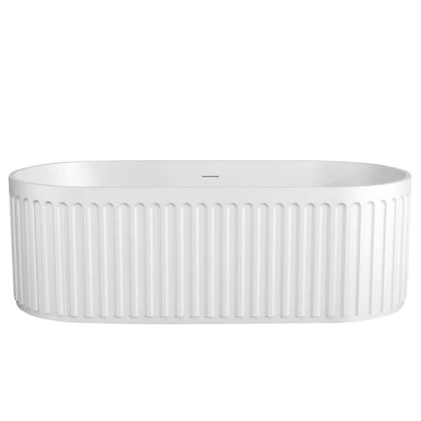 Zeafive Dus 67 in. x 29.5 in. Solid Surface Stone Resin Flatbottom Freestanding Soaking Bathtub with Center Drain in Matte White