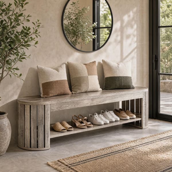 17.72 in. H x 63 in. W Gray Wood Shoe Storage Bench with 2-Tier Storage and Adjustable Foot Pads for Entryway, Bedroom