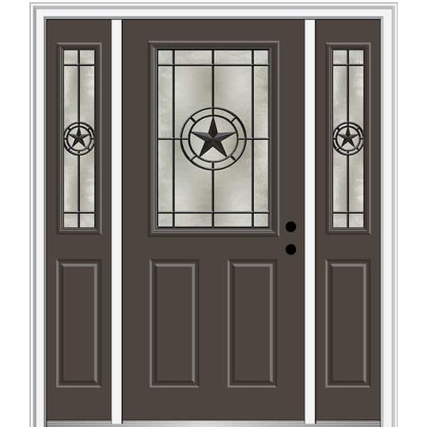MMI Door Elegant Star 60 in. x 80 in. Left-Hand 1/2 Lite Decorative Glass Brown Painted Fiberglass Prehung Front Door
