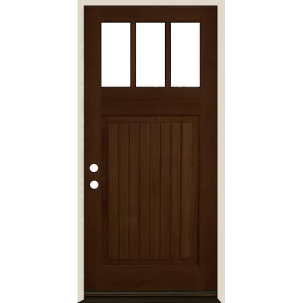 Krosswood Doors 36 in. x 80 in. Craftsman 3 Lite V Groove Provincial Stain Right-Hand/Inswing Douglas Fir Prehung Front Door