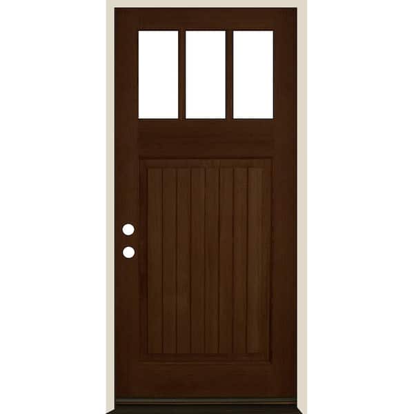 Krosswood Doors 36 in. x 80 in. Craftsman 3 Lite V Groove Provincial Stain Right-Hand/InswingHemlock Prehung Front Door