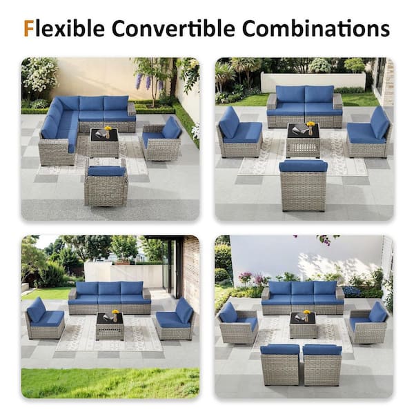 ModuVine Taupe 3-Piece Wicker Outdoor Sectional Furniture Set, Patio Conversation Sectional Sofa with Blue Cushions