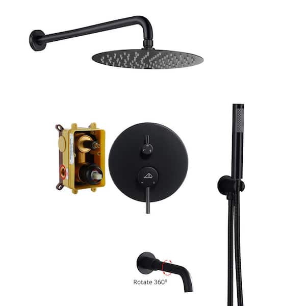 CASAINC 1-Spray Patterns Round 10 in. Wall Mount Dual Shower Heads with Handheld and Tub Faucet in Matte Black