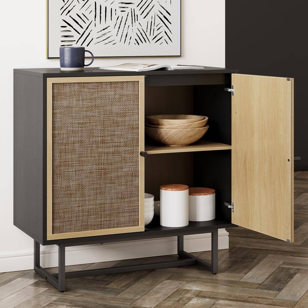 Black Oak and Cane Rectangular Sideboard with Adjustable Shelving