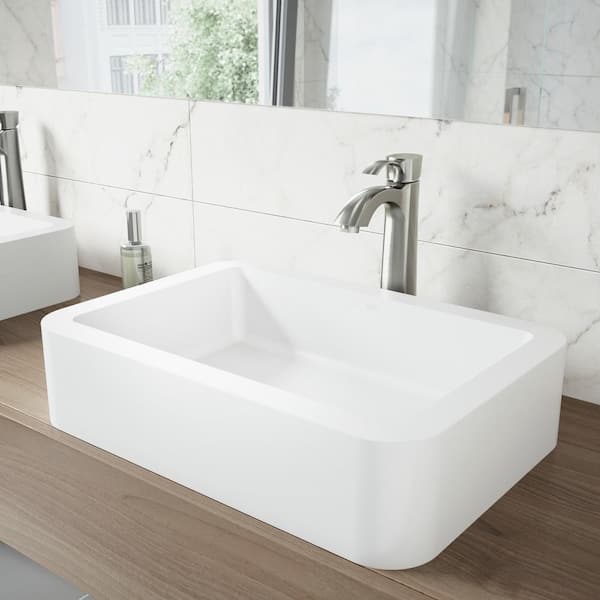 VIGO Petunia Modern White Matte Stone 23 in. L x 16 in. W x 6 in. H Rectangular Vessel Bathroom Sink