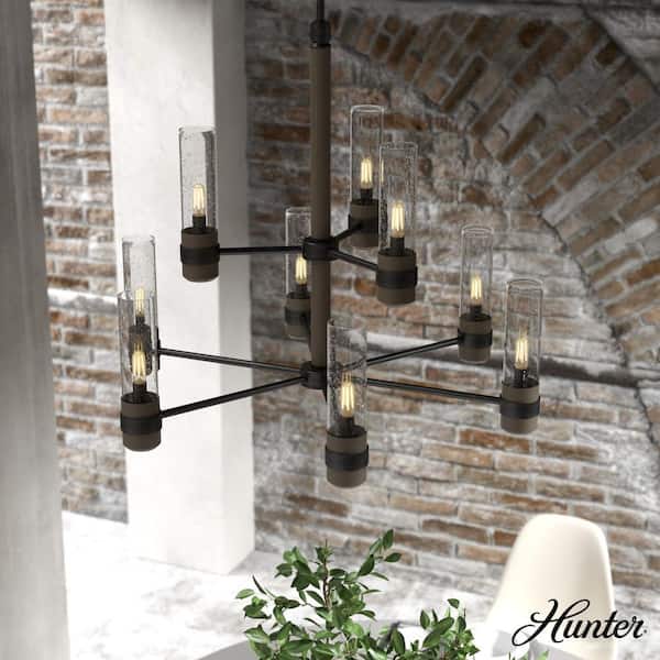 Hunter River Mill 9-Light Rustic Iron Candlestick Chandelier with Clear Seeded Glass Shades