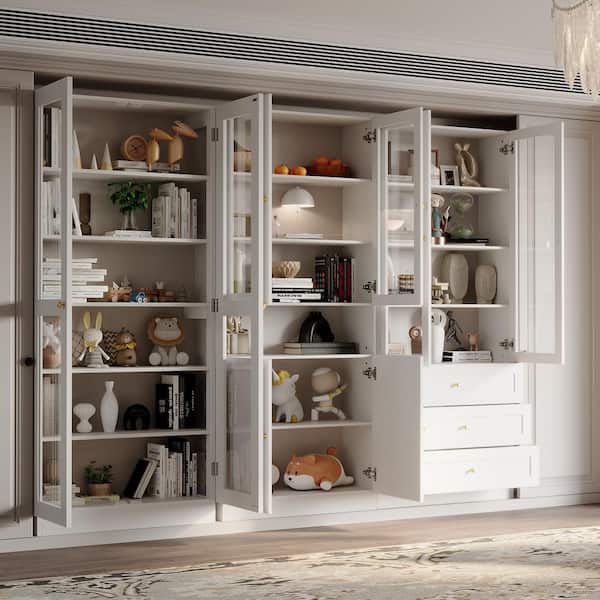 3-in-1 White Wood 70.9 in. H Accent Storage Cabinet Combination Bookcase with Glass Doors, Shelves