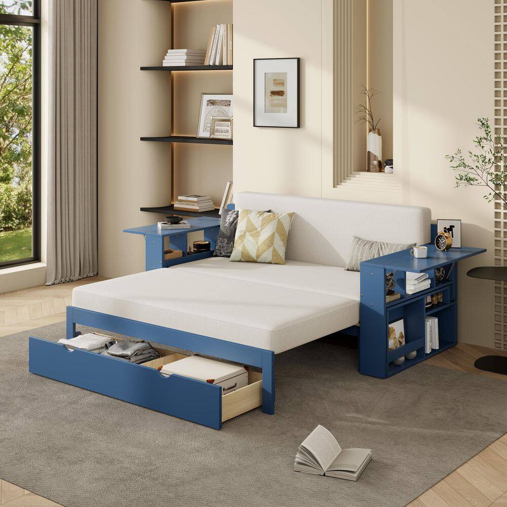White Queen Size Daybed Convertible Platform bed with Removable Desk, Storage Drawer, Hydraulic Side Table - thumbnail 6