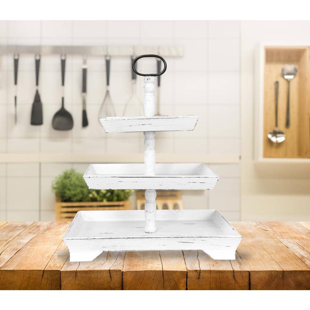 White Rectangular Wood 3-Tier Decorative Tray