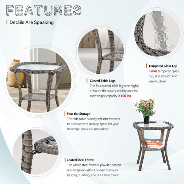 3-Piece Wicker Patio Outdoor Lounge Chair Set with Orange Cushions and Side Table