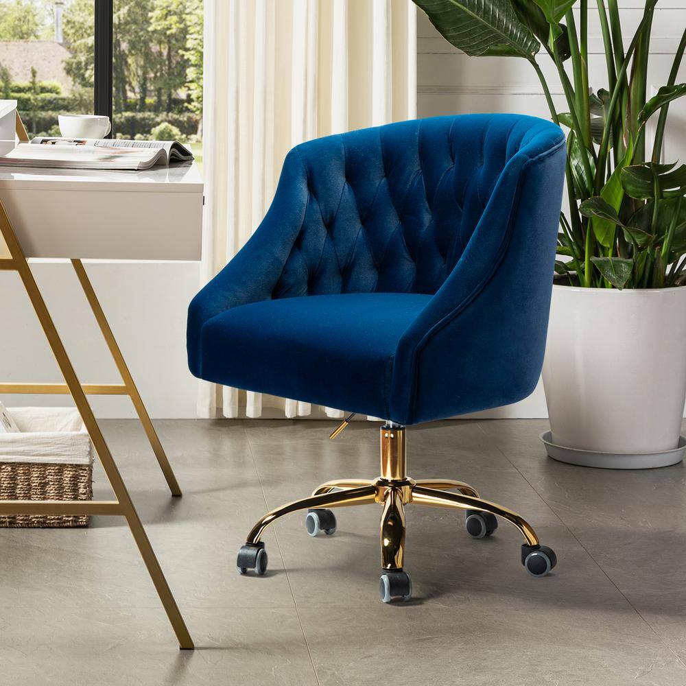 Navy Velvet Ergonomic Swivel Task Chair with Gold Legs