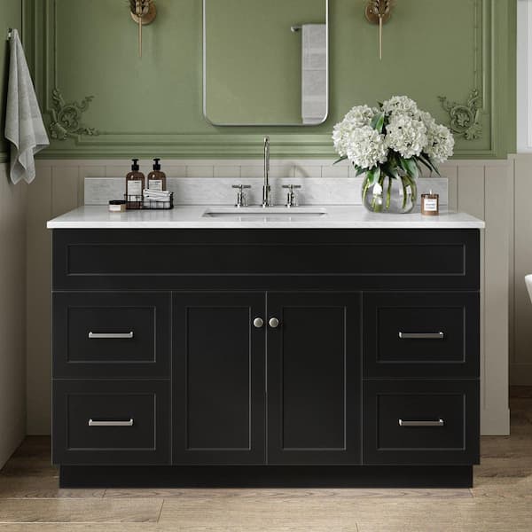 Hamlet 55 in. W x 22 in. D x 35.25 in. H Bath Vanity in Black with Carrara White Marble Vanity Top