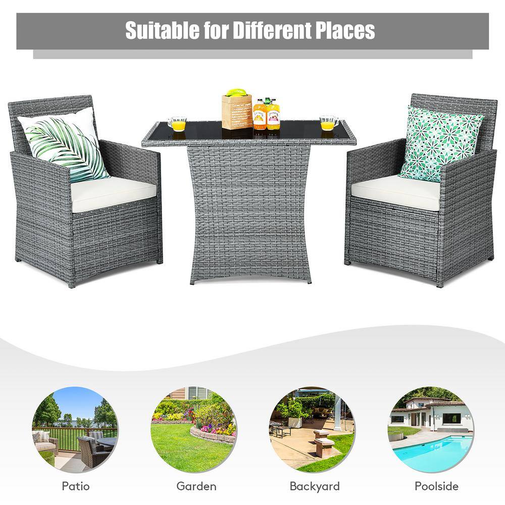 Gray Wicker 3-Piece Patio Set with White Cushions