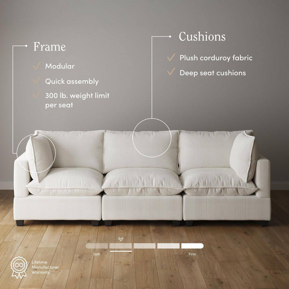 Chelsea White Linen Fabric 111" 3-Seater Sofa with Ottoman